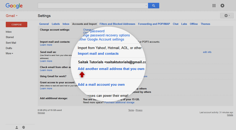 در پنجره باز شده وارد تب Accounts and Imports شوید. در مقابل بخش Send mail as بر روی لینک Add another email address that you own کلیک کنید.